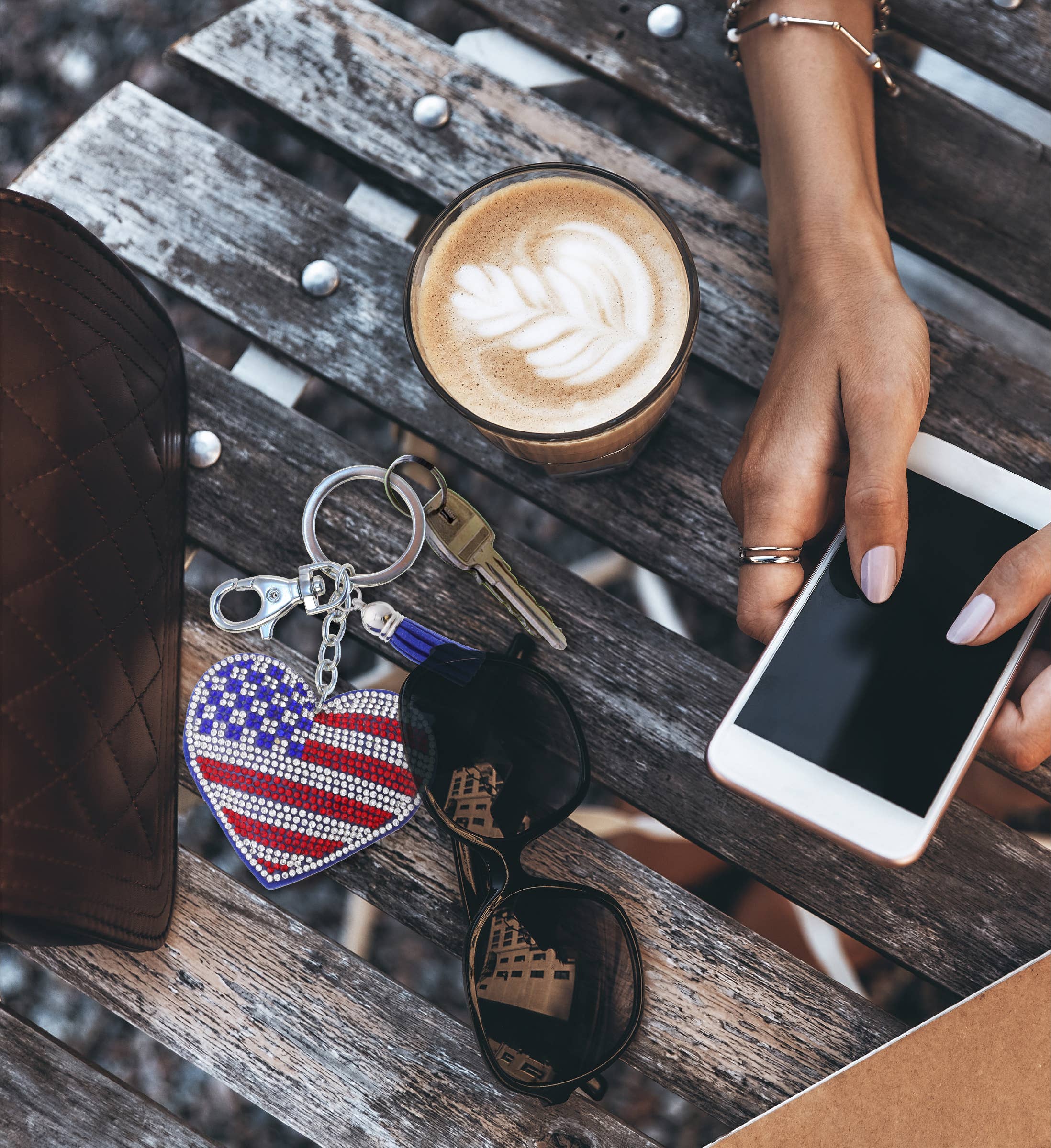 Cota Global - Wholesale Keychain - Unisex - Sparkling Rhinestones Charm With Tassel - Usa Flag Heart6