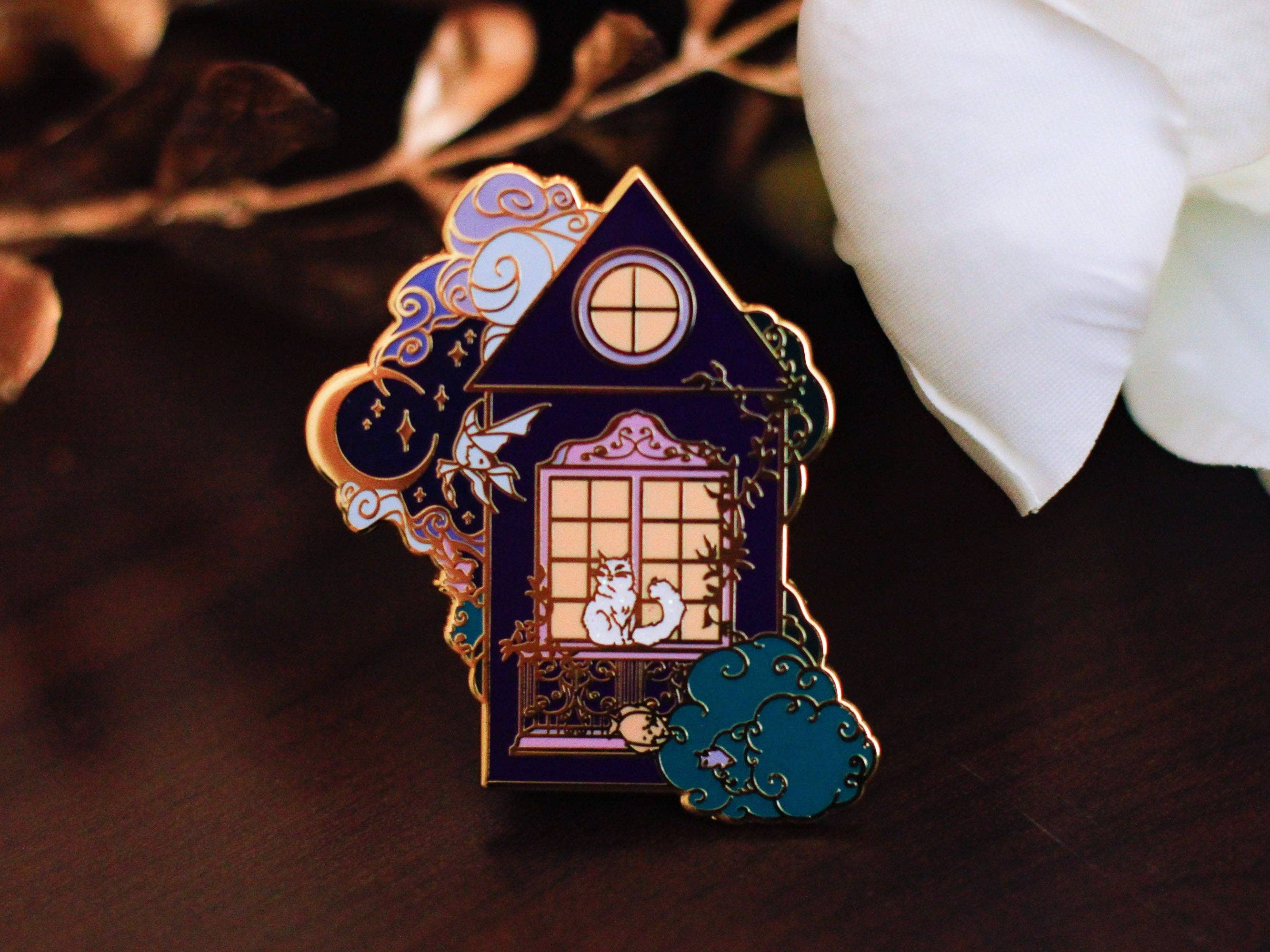 Keely Studios - Wholesale Lapel Pin/Button - Gold Ocean of Sky Balcony Cat Hard Enamel Pin3