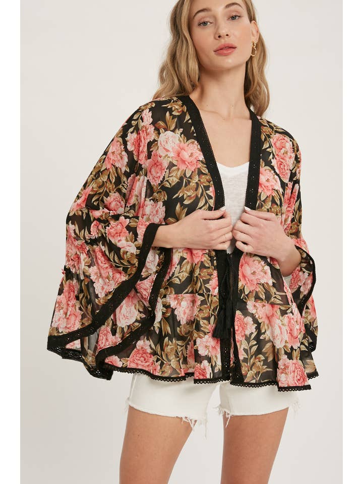 Bluivy - Wholesale Kimono - Women's - FLORAL RUFFLED BELL SLEEVES KIMONO