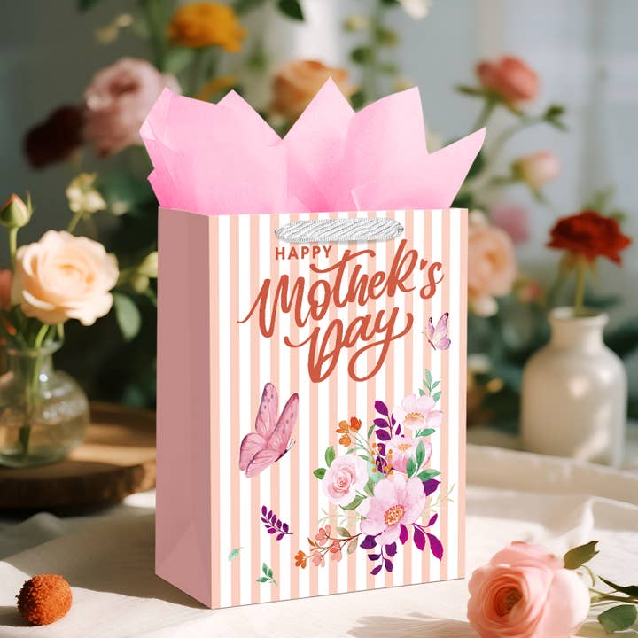 13" Mother’s Day Gift Bag – Pink Stripe Floral Butterfly for wholesale by Wrapaholic Gifts & Packing Company