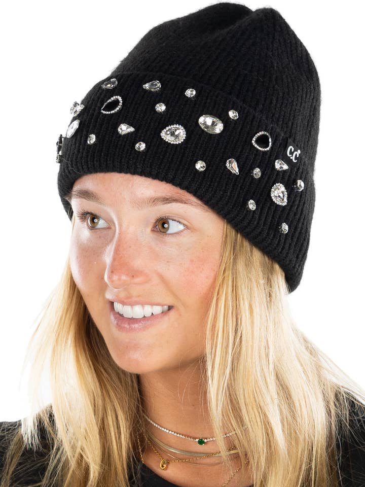 Bonnet orné de paillettes - Cristal strass - Noir pour la vente par Funky Junque