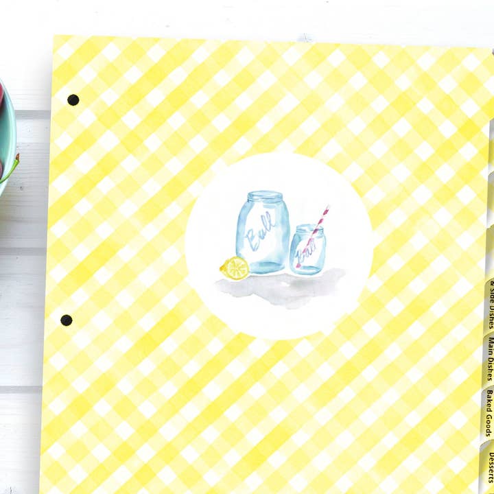 Recipe Binder Tab Dividers -Yellow Gingham watercolor for wholesale by Rural Girl Studio