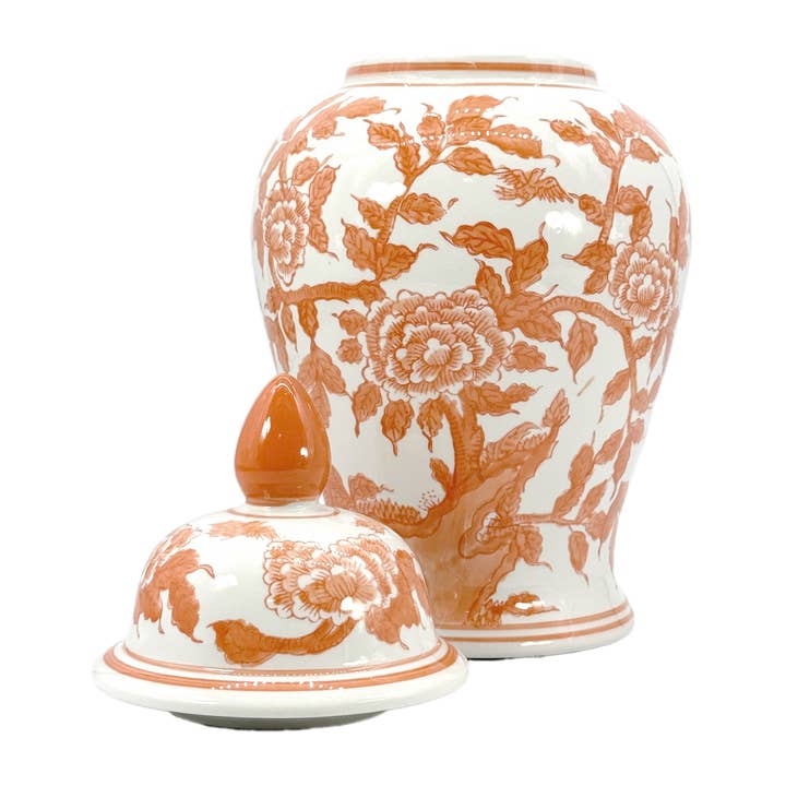 Galt International Company - Wholesale Decorative jar - Orange & White Lotus Chinoiserie Ceramic Ginger Jar 18"3