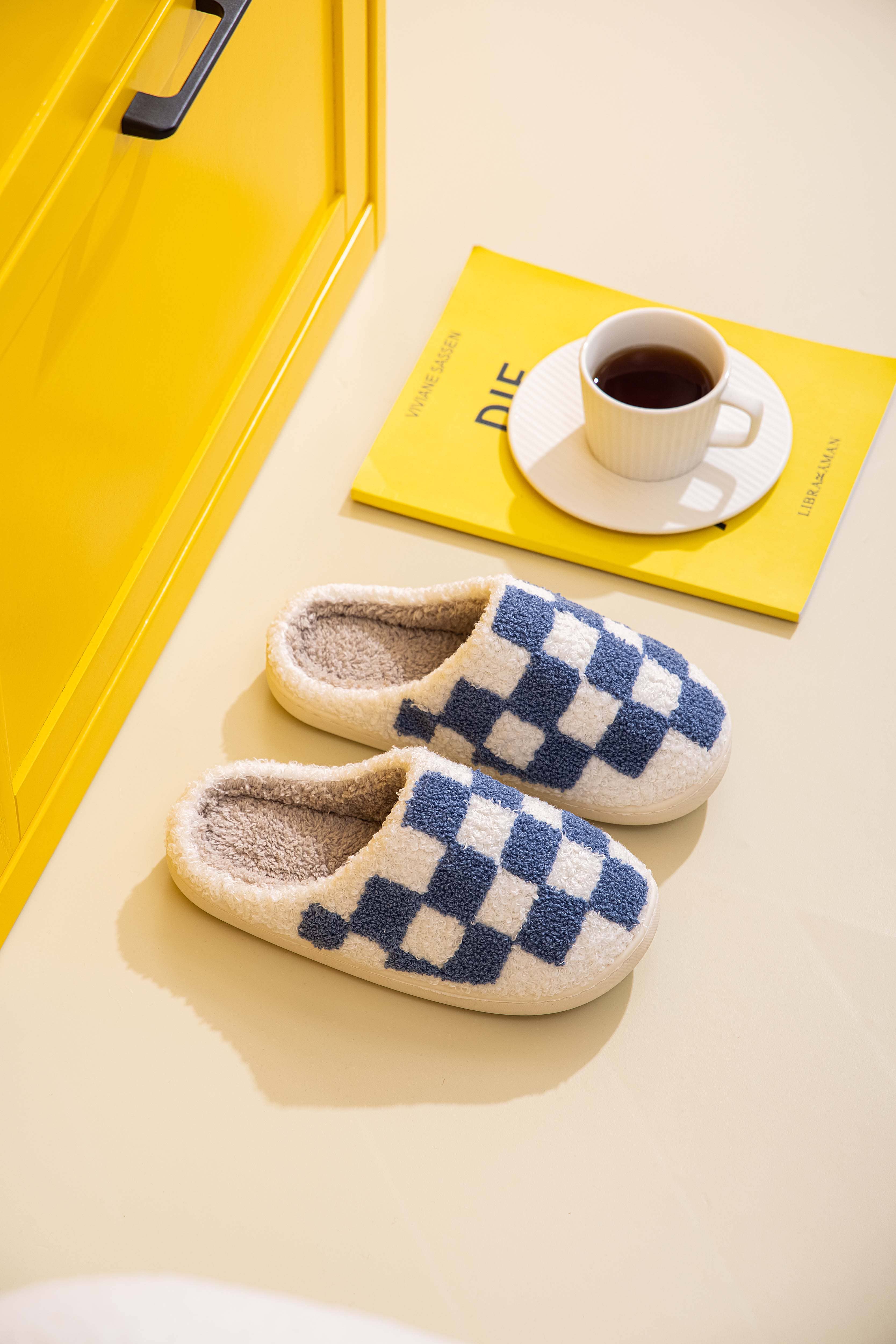 Shop Lev - Wholesale Slippers - Women's - Checker  Illustrated Soft Fluffy Comfy Warm House Slipper2