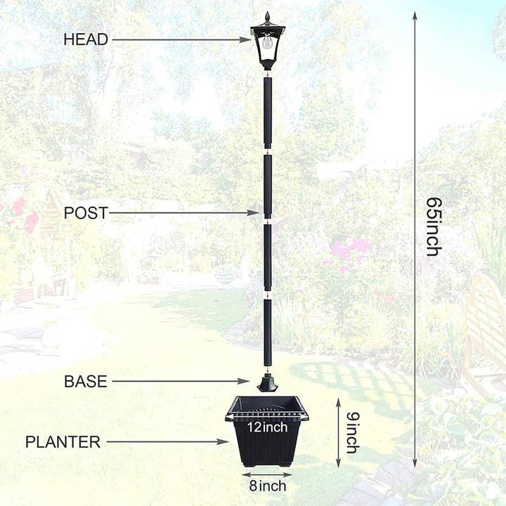 OutdoorSolarOutlet - Wholesale Outdoor/Lawn Light - 64 Inch Solar Lamp Post Lights Outdoor with Planter, 70 Lumen Solar Powered with 4 Adjustable Height- Black