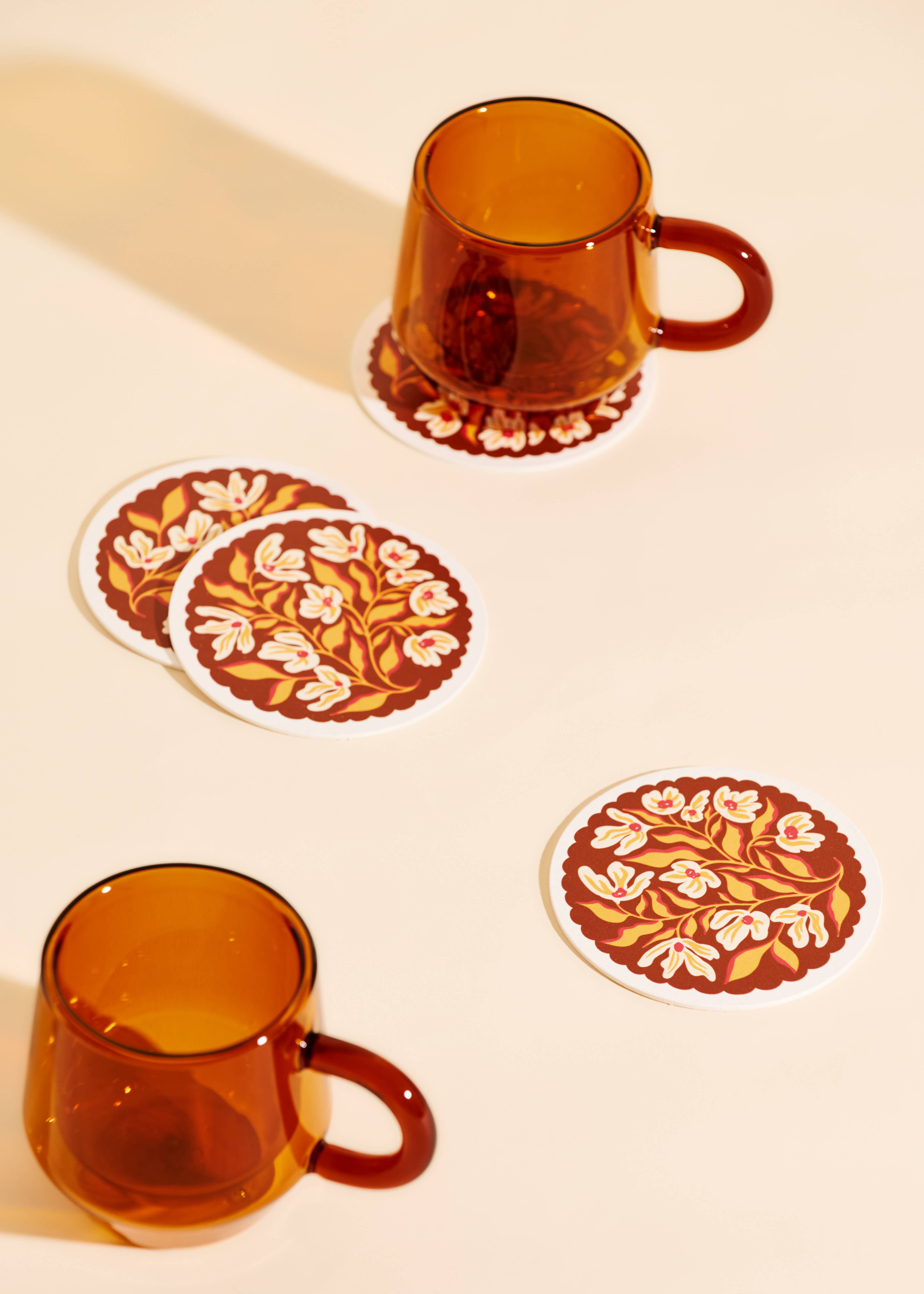 One & Only Paper – wholesale Coasters – Pumpkin Spice Floral Scalloped Coasters | Set of Four1