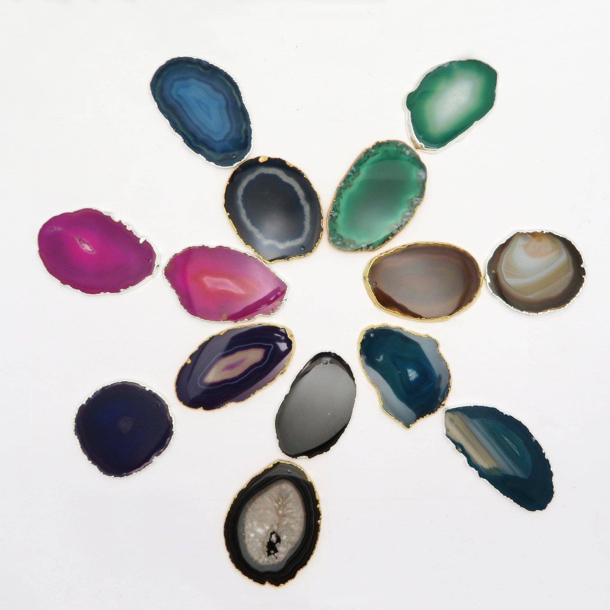 Rock Paradise – wholesale Spiritual stone/crystal – Crystal Agate Slice Plated Edge Top Drilled  (3BROWNSHELF)7