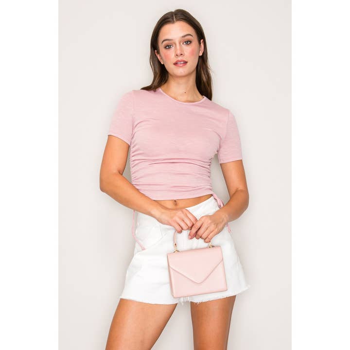 Short Sleeve Side Tie Shirring Rib Knit Top for wholesale by Popular 21