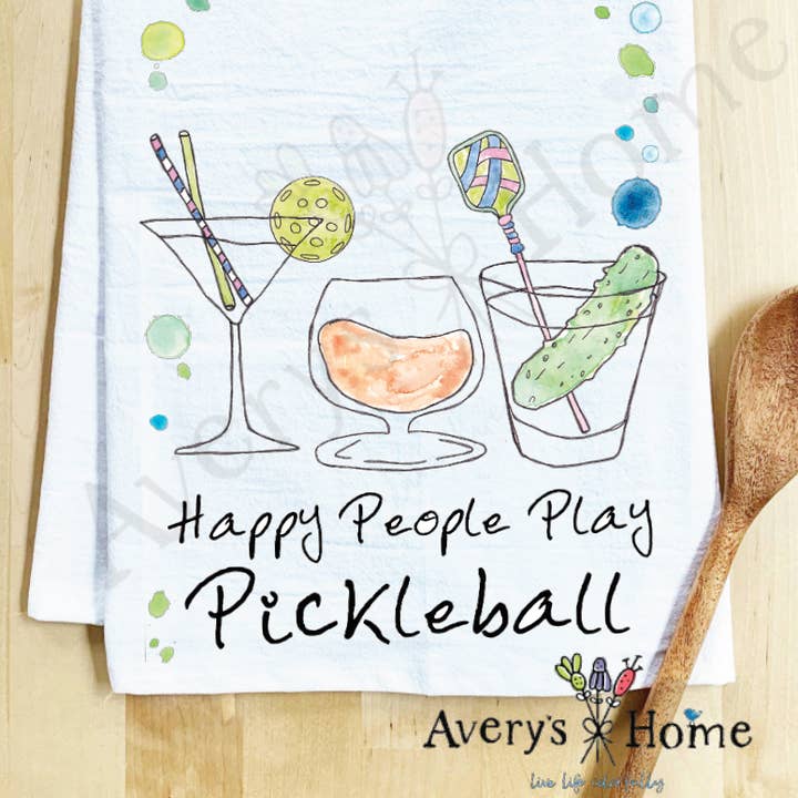 Happy People Pickleball Cocktail Customizable Tea Towel for wholesale by Avery's Home