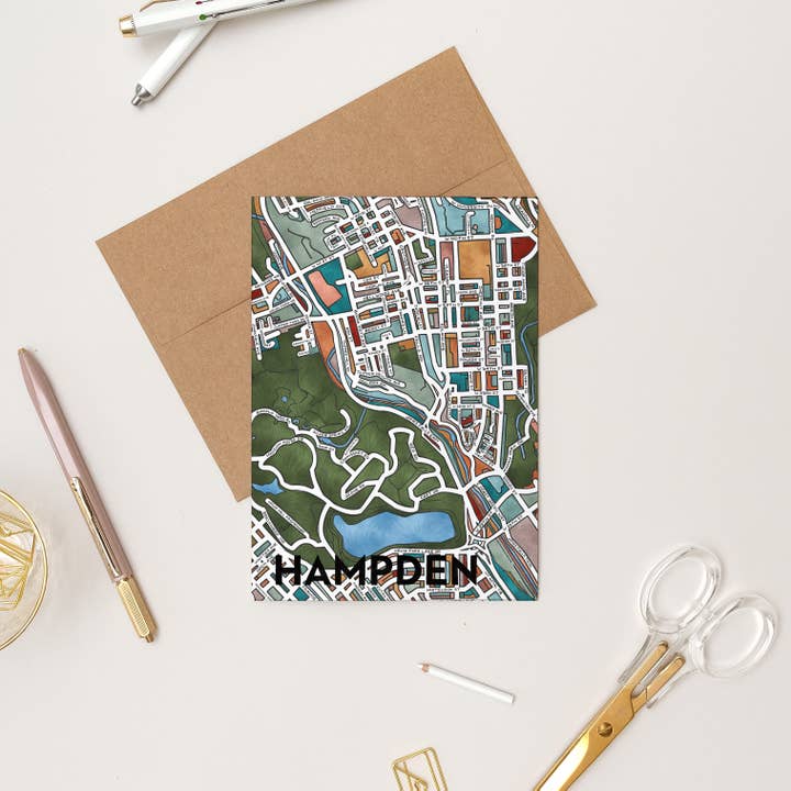 Carte de vœux cartographique de Hampden (Baltimore) pour la vente par Terratorie Maps + Goods