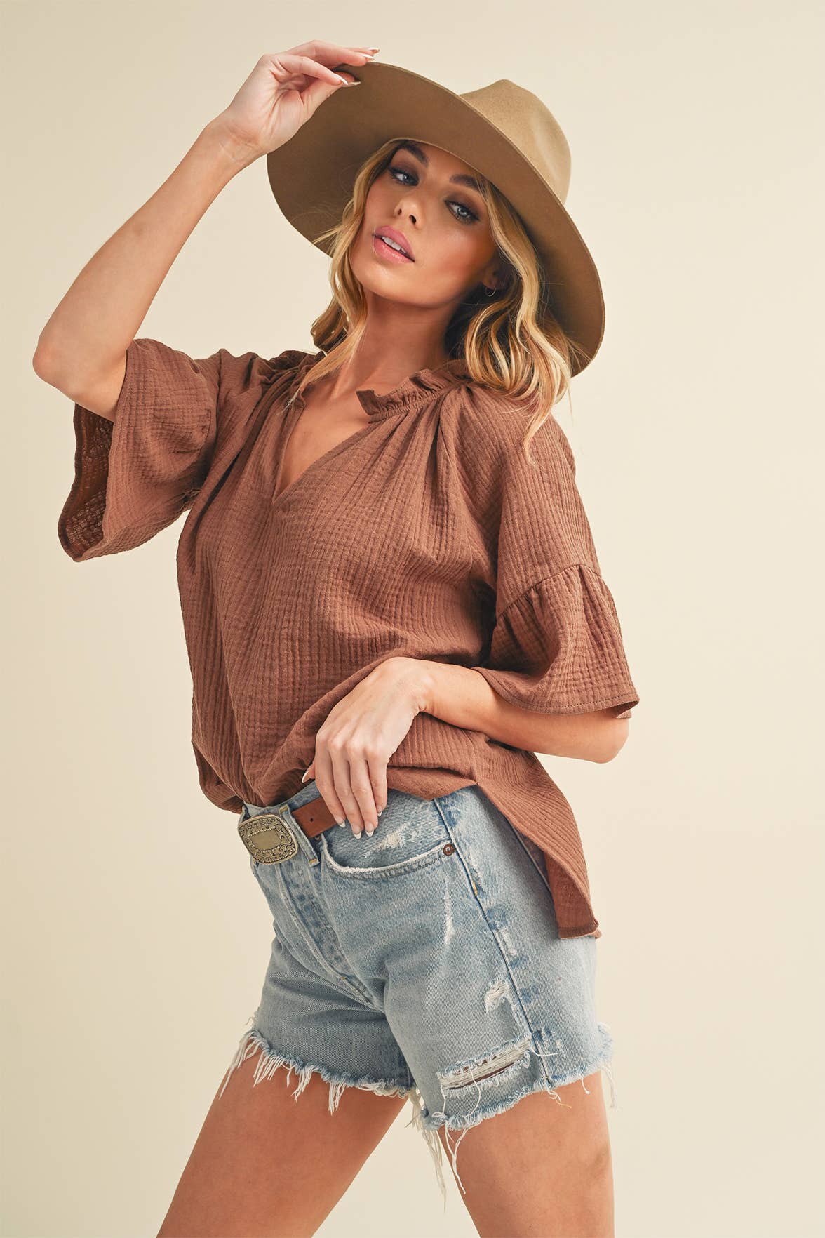 AEMI + CO - Wholesale Blouse - Women's - 8258DK Tes 3/4 Sleeve Ruffle Top 66