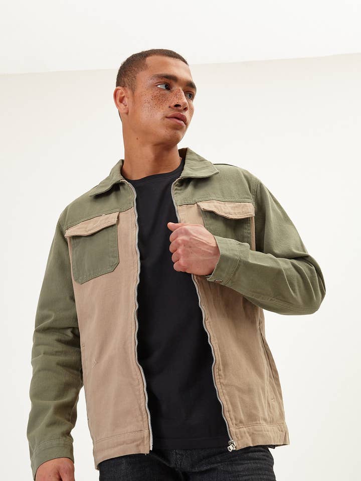 Color Block Utility Shirt - Green Camel for wholesale by Ron Tomson