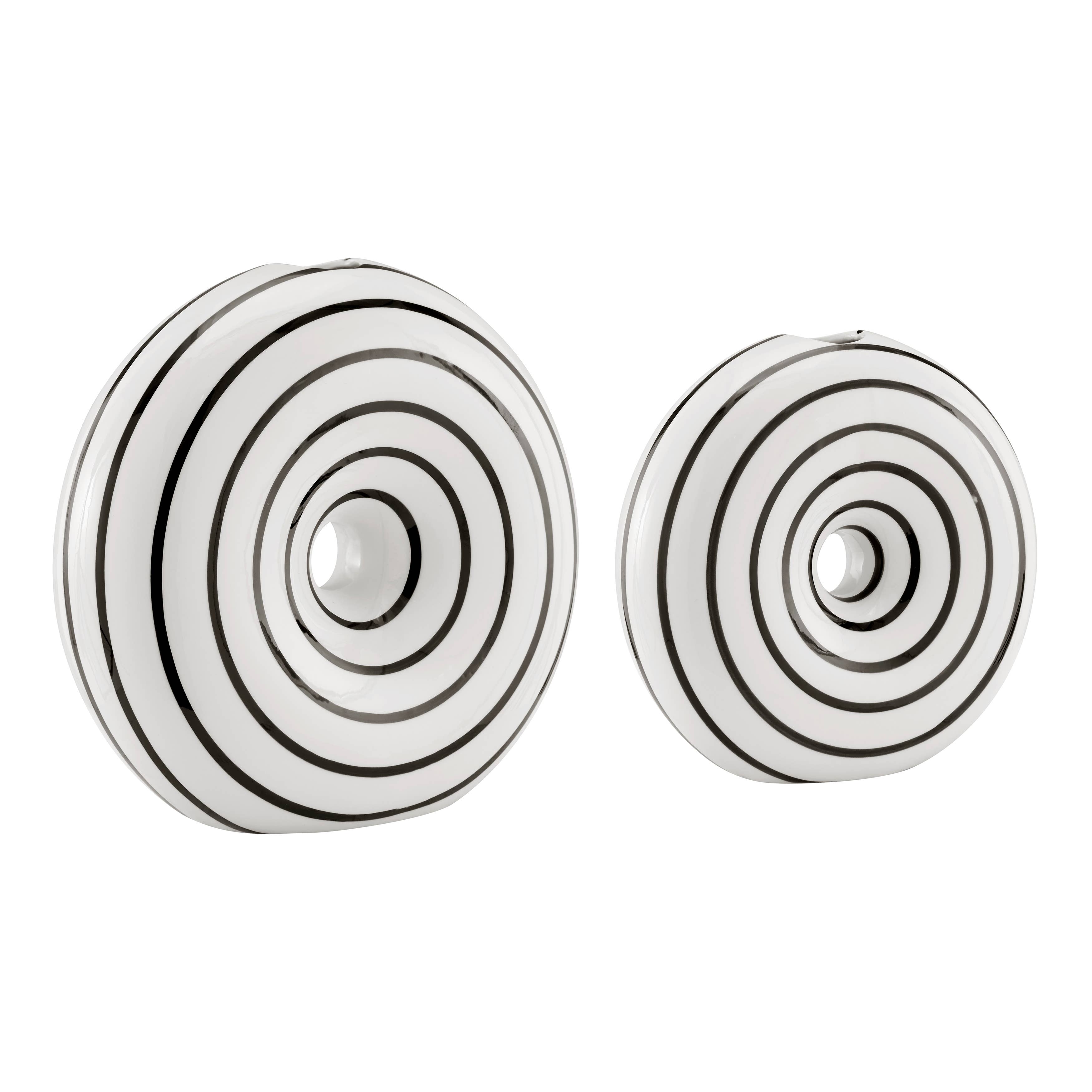 Danya B - Wholesale Vase - Etta Glossy Ceramic Black White Striped Round Donut Vase Set6