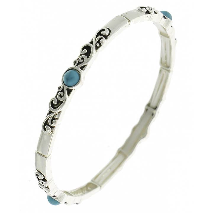 FR4663 Slim Filigree Four Turquoise Stone Stretch Bracelet for wholesale by 0011 PREMIERE