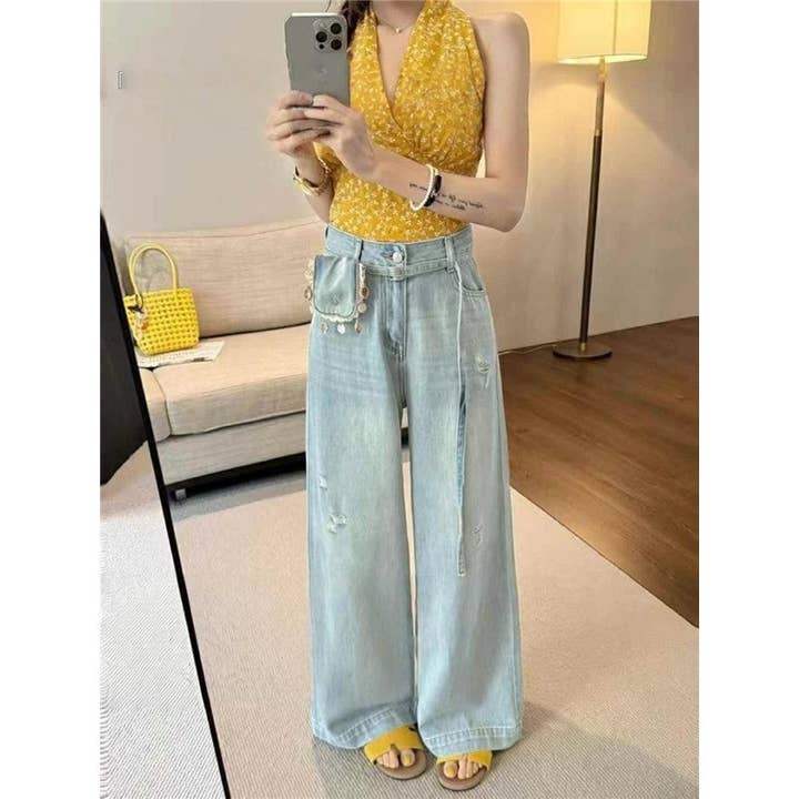 LIGHT BLUE High Waist Loose Slim Fit Long Straight Leg Pants for wholesale on Faire2