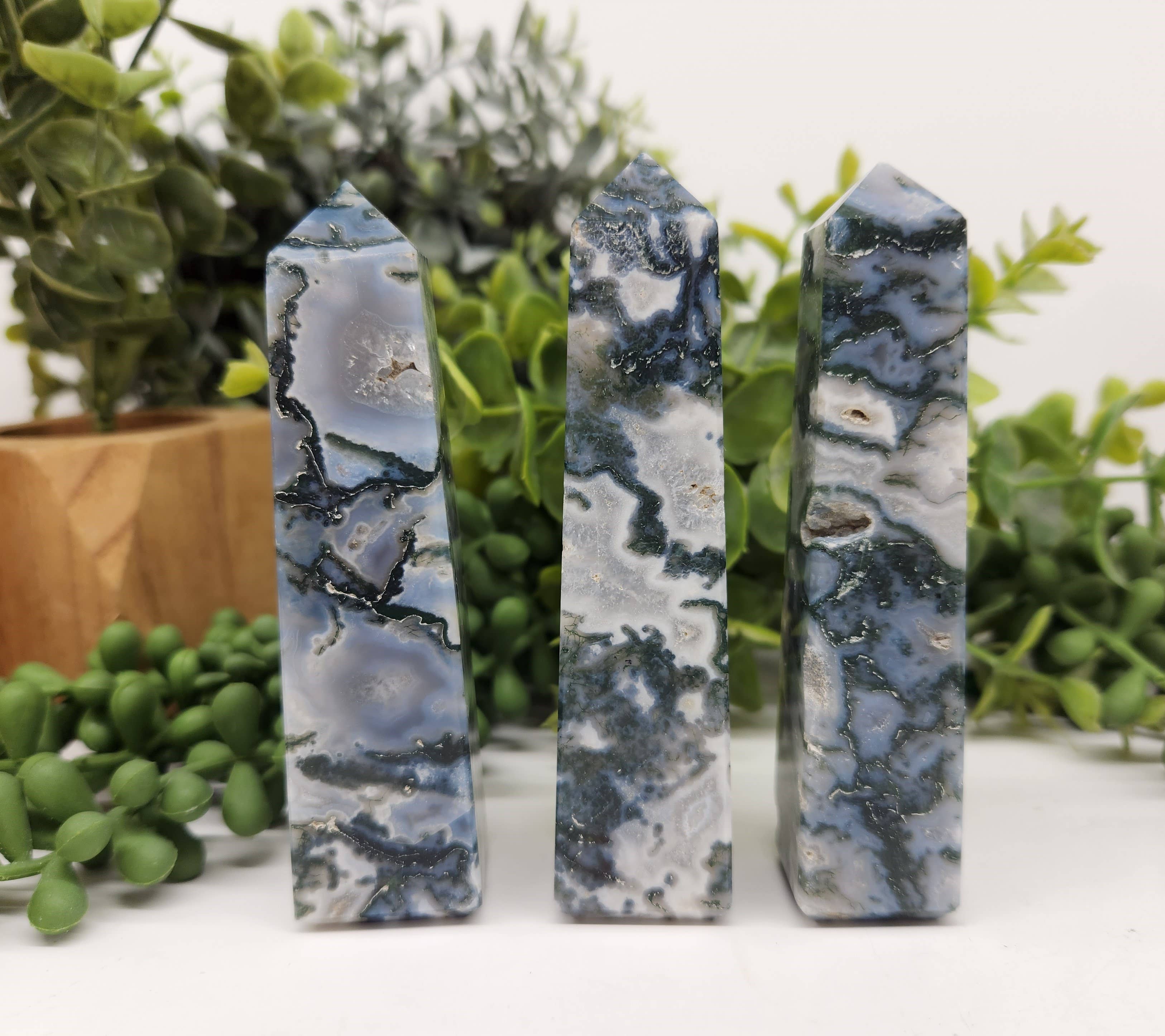 Meraki Gemstones - Wholesale Spiritual Stone/Crystal - Moss Agate 4-Sided Tower (Approx. 3.5-3.75"/8.9-9.5cm)