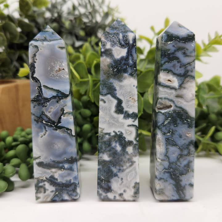 Moss Agate 4-Sided Tower (Approx. 3.5-3.75"/8.9-9.5cm) for wholesale by Meraki Gemstones