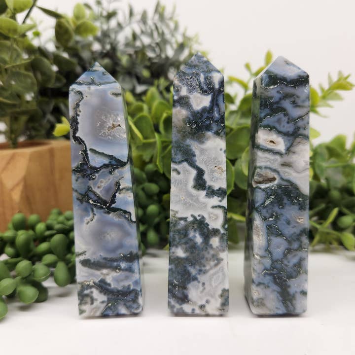 Meraki Gemstones - Wholesale Spiritual Stone/Crystal - Moss Agate 4-Sided Tower (Approx. 3.5-3.75"/8.9-9.5cm)