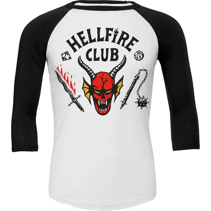 STRANGER THINGS 4 - HELLFIRE CLUB CREST - Raglan Contrast 3/4 Longsleeve Black & White for wholesale by Spiral
