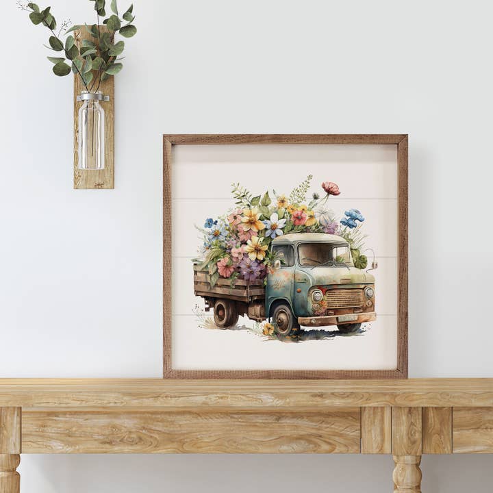 Kendrick Home - Wholesale Art Print - Rusty Green Truck With Flowers Front View1
