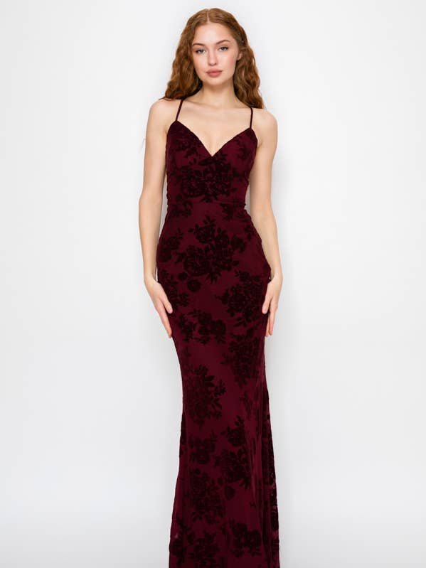 CD30177-4: VELOUR FLORAL MERMAID MAXI DRESS for wholesale by Lovesome