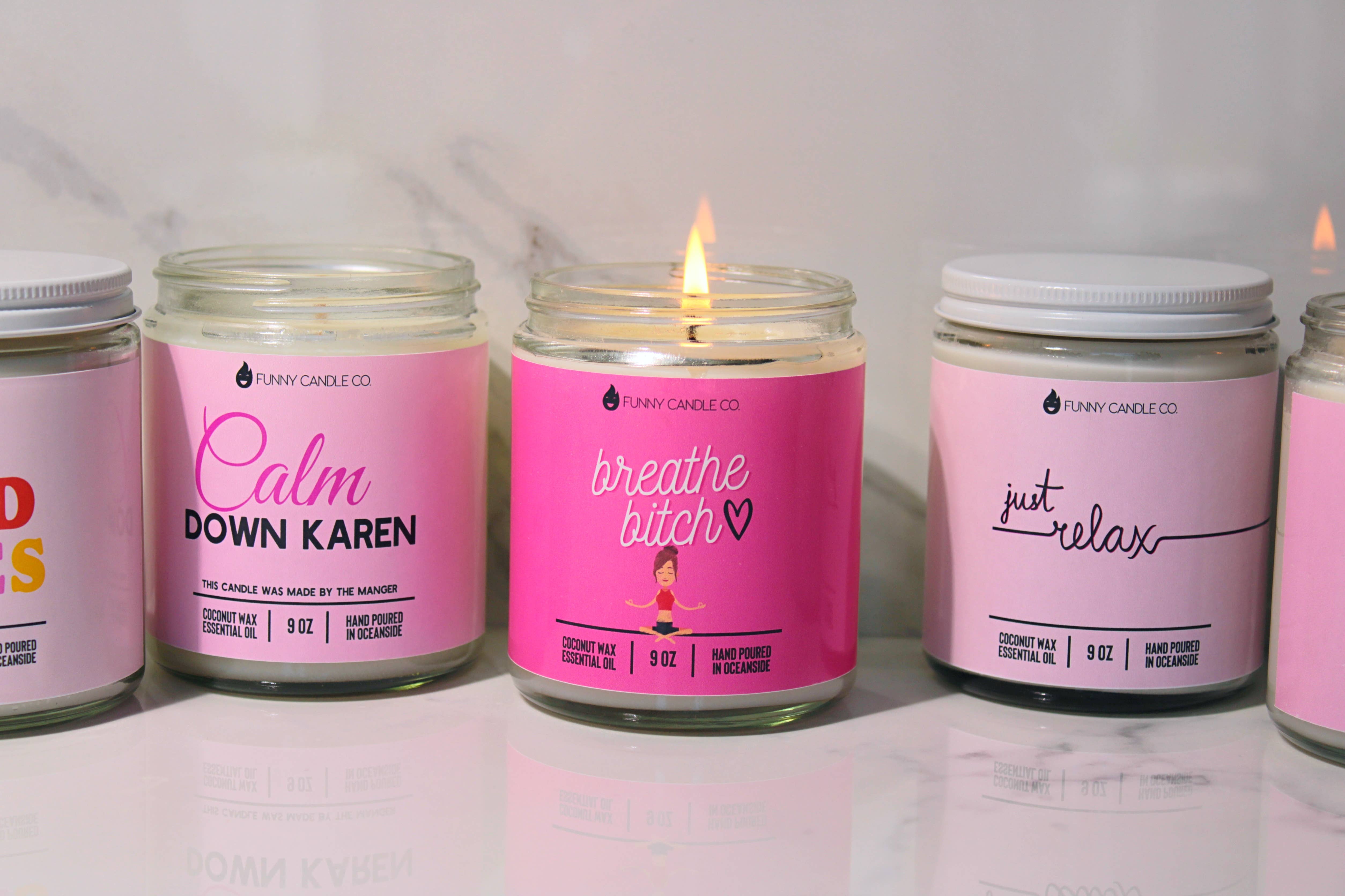 Funny Flames Candle Co - Les Creme - Vente Bougie en bocal - Breathe Bitch - Bougie Funny Flames, 9 oz2