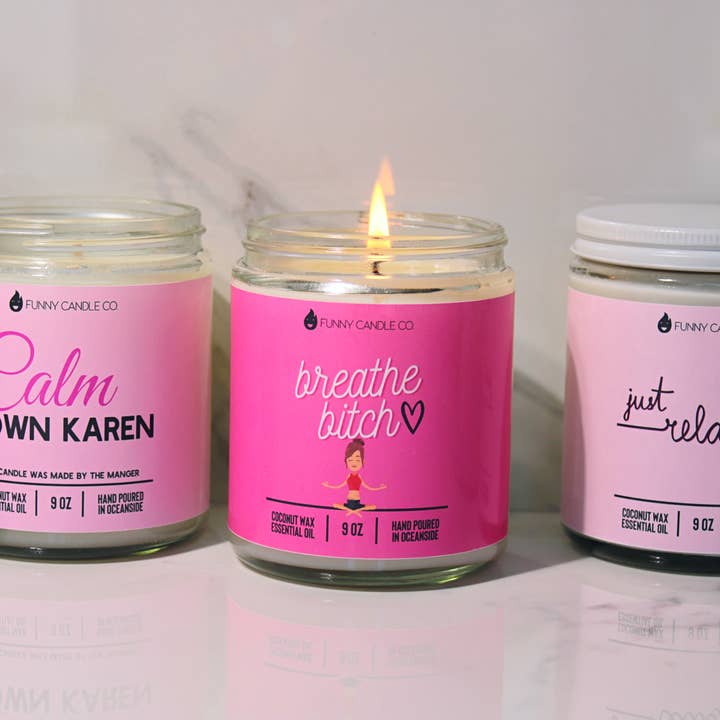Funny Flames Candle Co - Les Creme - Vente Bougie en bocal - Breathe Bitch - Bougie Funny Flames, 9 oz2