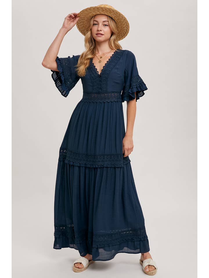 Bluivy - Wholesale Dress - Women's - V-NECK LACE TRIM MAXI DRESS