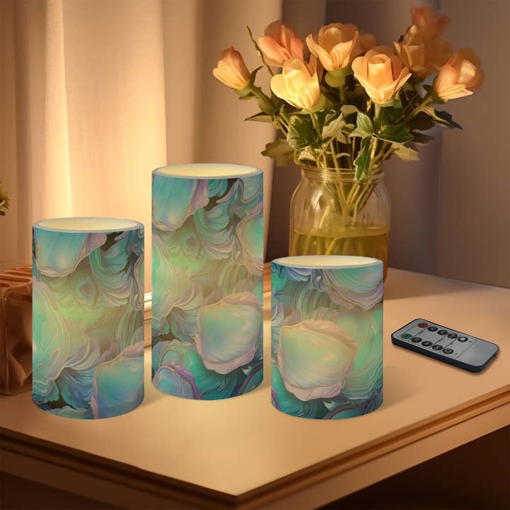3pcs Abalone Texture Flameless LED Pillar Candle Set for wholesale by Candles Meta