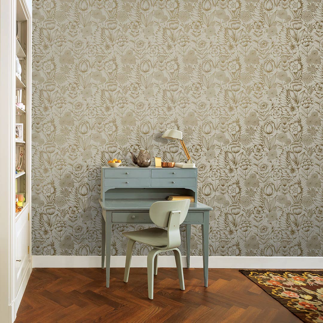 Homestead Floral Gold Peel and Stick Wallpaper, 28 sq. ft. for wholesale on Faire1