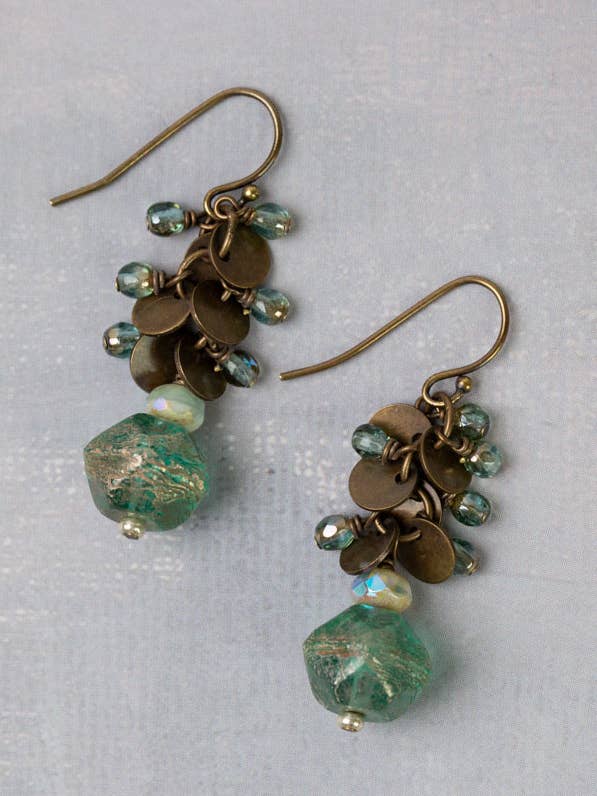 Venetian Dreams Antique Brass Medallion Dangles With Czech Glass Cluster Earrings for wholesale by Anne Vaughan Designs Jewelry