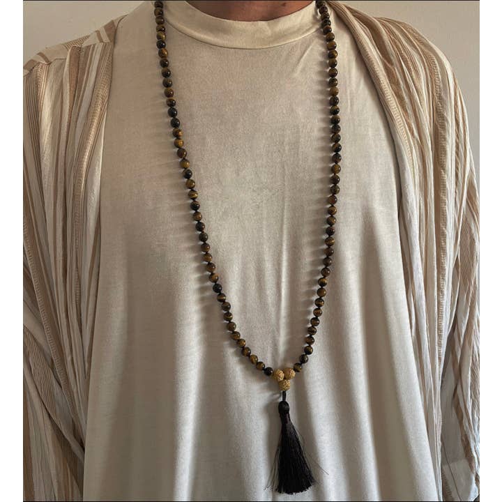 Xander Kostroma - Vente Collier de prière en perles - Collier de prière Mala 108 perles œil de tigre pour homme avec pompon1