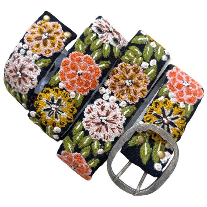 Vintage Blossom Black - Hand Embroidered Floral Wool Belt for wholesale by Kuyay Peruvian Designs