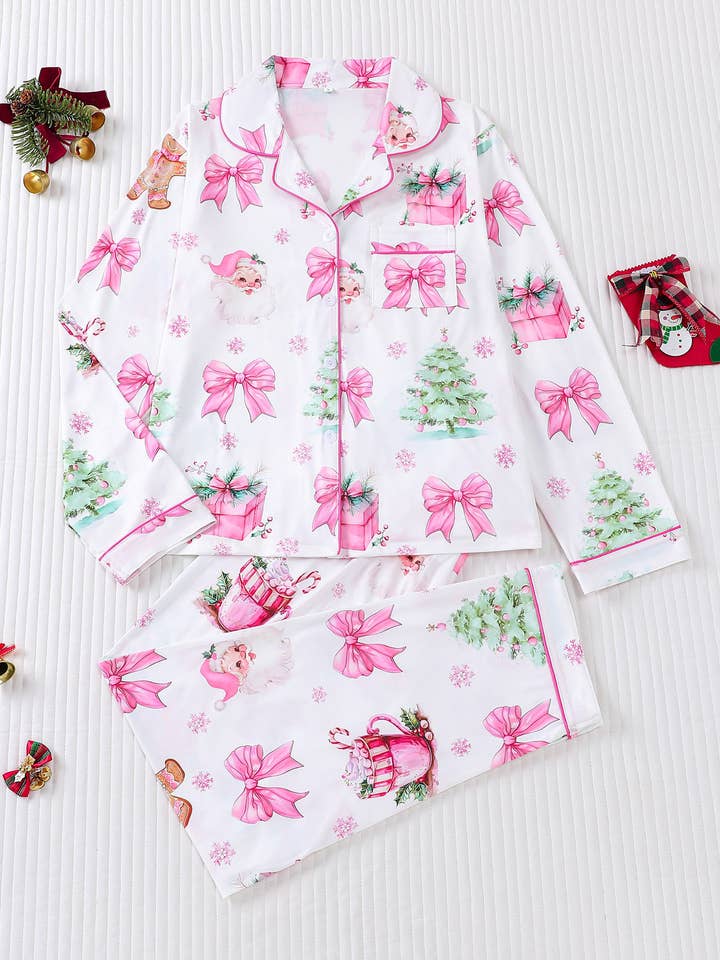 Cozy & Soft Christmas Theme Print Long Pajama Set for wholesale by Rosa Clothing