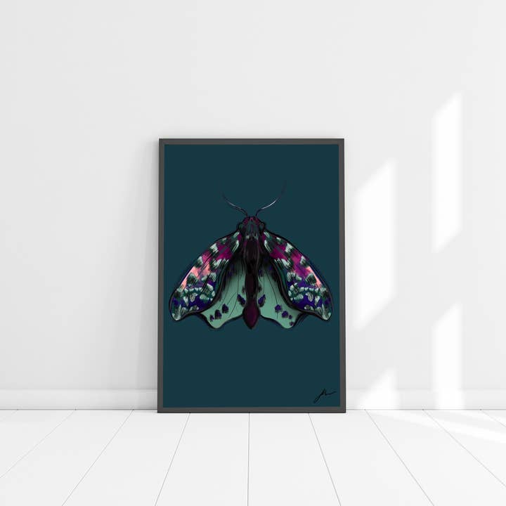 PURPLE & GREEN MOTH FNE ART PRINT for wholesale by Fi Moszoro Design & Illustration