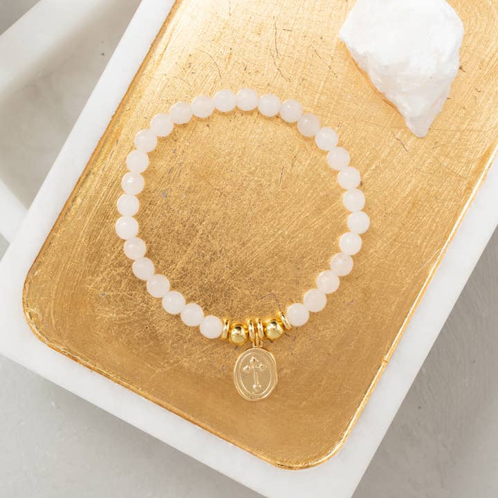 Splendid Iris - Wholesale Charm/Dangle Bracelet - Stretch Stone Bracelet With Oval Cross Charm