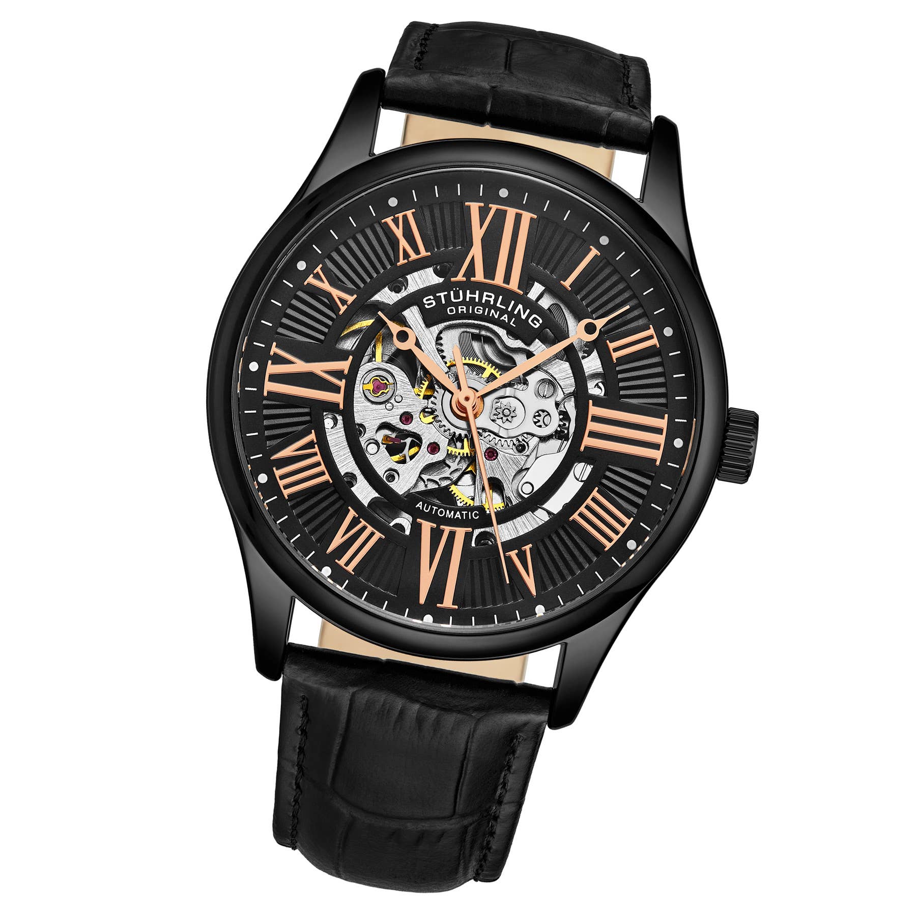 Stuhrling - Wholesale Wrist Watch - Men's - Atrium  Automatic 42mm Skeleton - Black Case and Strap

1