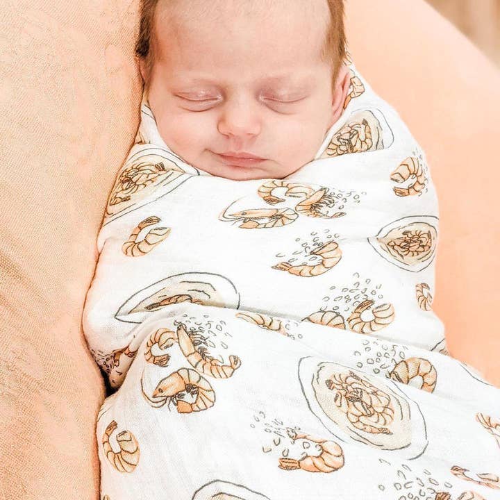 Little Hometown - Wholesale Swaddle - Baby - Shrimp and Grits Baby Muslin Swaddle Receiving Blanket1