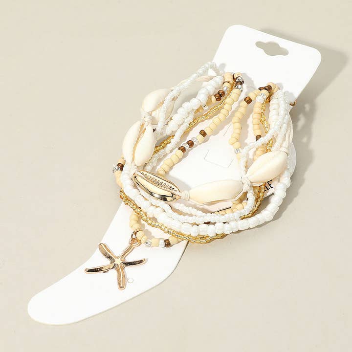 Sensibling Corp. – wholesale Jewellery set – 6PCS - Starfish Charm Accented Conch Shell Seed Beaded Multi Layered Anklets5