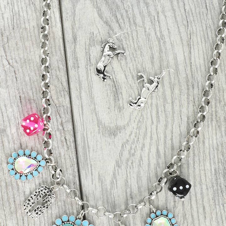 SP Sophia Collection - Wholesale Jewelry Set - Western Theme Jeweled Multi Charm Necklace Set