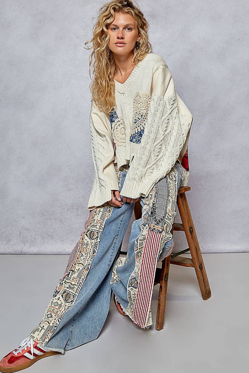 Pol Clothing - Wholesale Jeans - Women's - Patchwork relaxed woven denim pant17