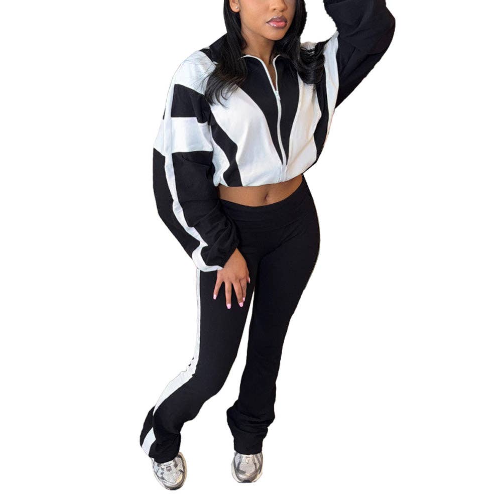 MB Fashion Wholesale - Wholesale Top & Pant Set (NOT Loungewear) - Women's - EVERY FASHION Zip-Up Crop Jacket & High-Waist Jogger Set HR2501517