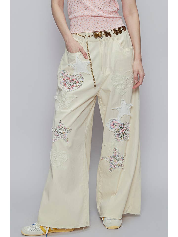 Pol Clothing - Wholesale Jeans - Women's - Embroidery solid floral wide denim pants