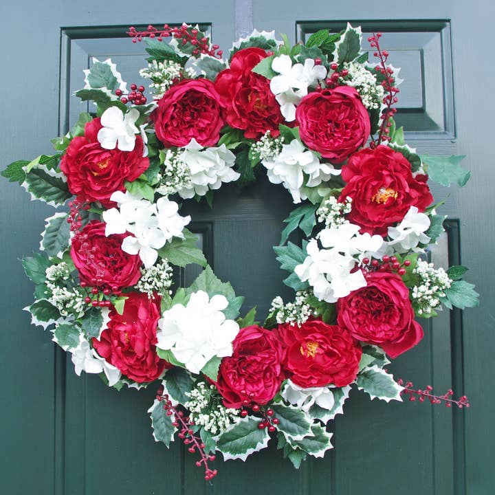 Peony Cabbage Rose Hydrangea Berry Christmas Wreath 22" for wholesale by ES Essentials