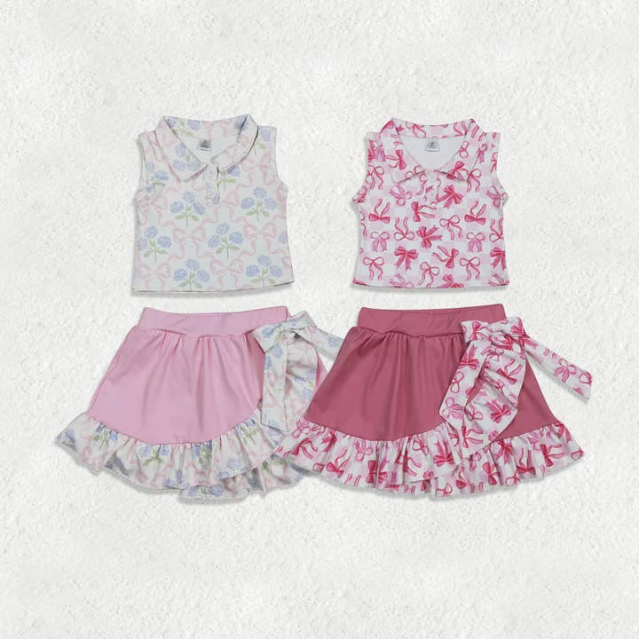 Ensembles de vêtements actifs pour bébés filles sœurs avec nœuds, gilets à boutons à carreaux, jupe à volants, shorts de yoga. pour la vente par Aier Wholesale