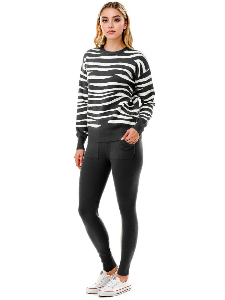 Color 5 - Wholesale Lounge Set - Women's - Zebra printing sweater top with matching solid pants set 1