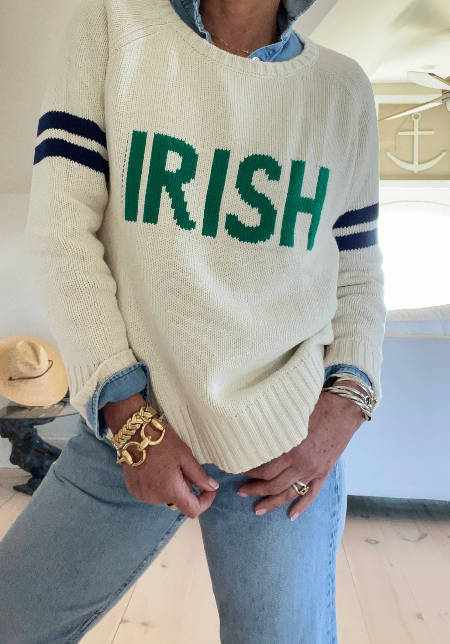 Pink Pineapple - Wholesale Knit Sweater - Women's -  IRISH Campus Sweater with Navy Stripes 3