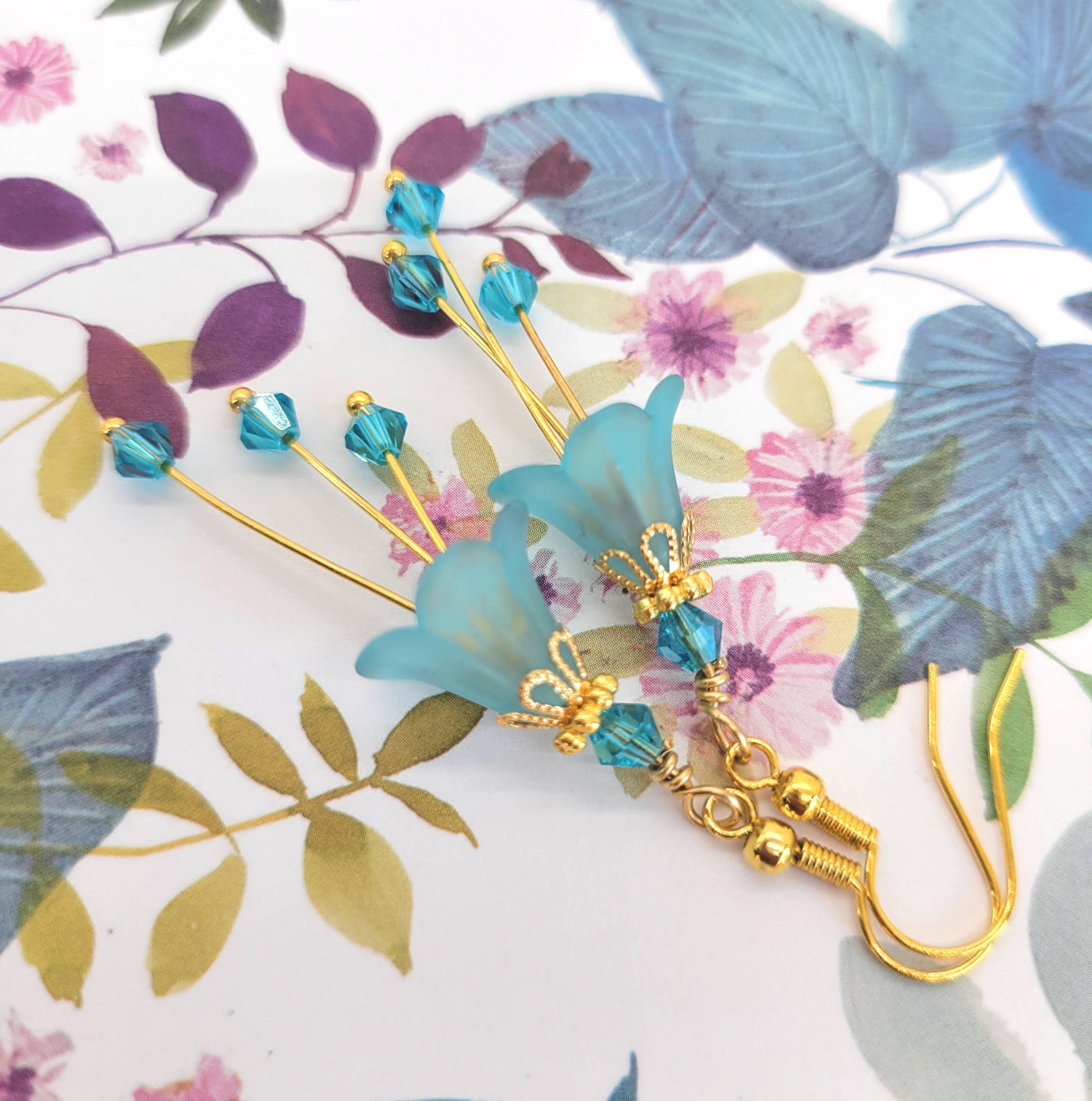 Chic Brico - Wholesale Dangle Earrings - Bell Flower Dangle Earrings - Aqua Blue and Gold3