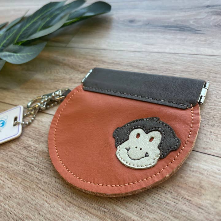 Portamonete in pelle con design a scimmia, portamonete rotondo per la vendita all'ingrosso da parte di Mally Designs