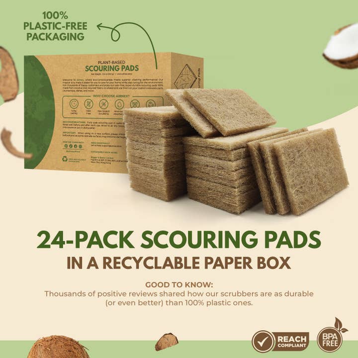 AIRNEX - Wholesale Cleaning Sponge - Eco-friendly Scouring Pad - 24 Pack Coconut Scourer